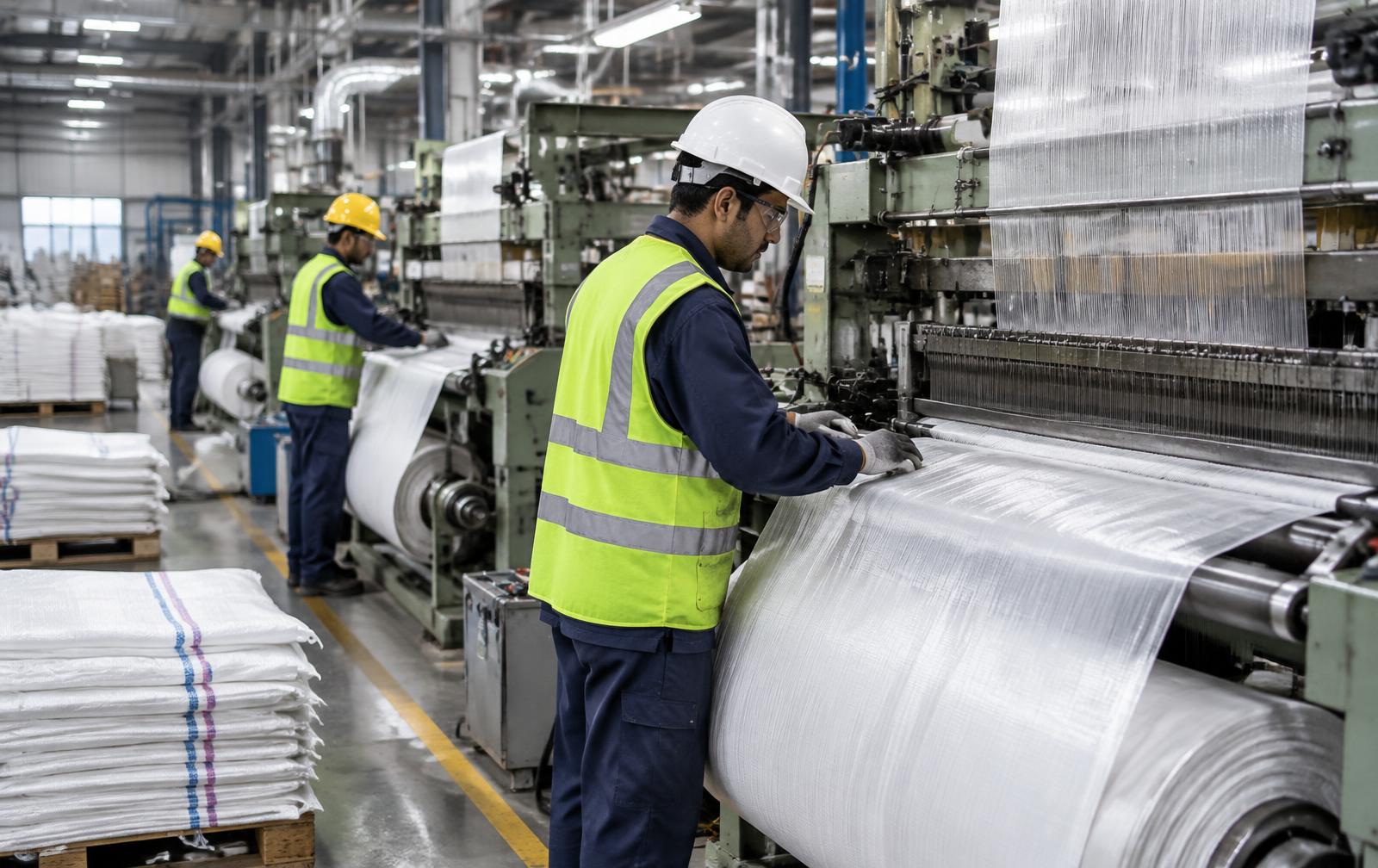 Operators working on a weaving line